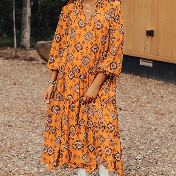 B186 Orange Western Geometric Print Tiered Frilled Loose Fit MIDI Dress - Picture 3 of 4